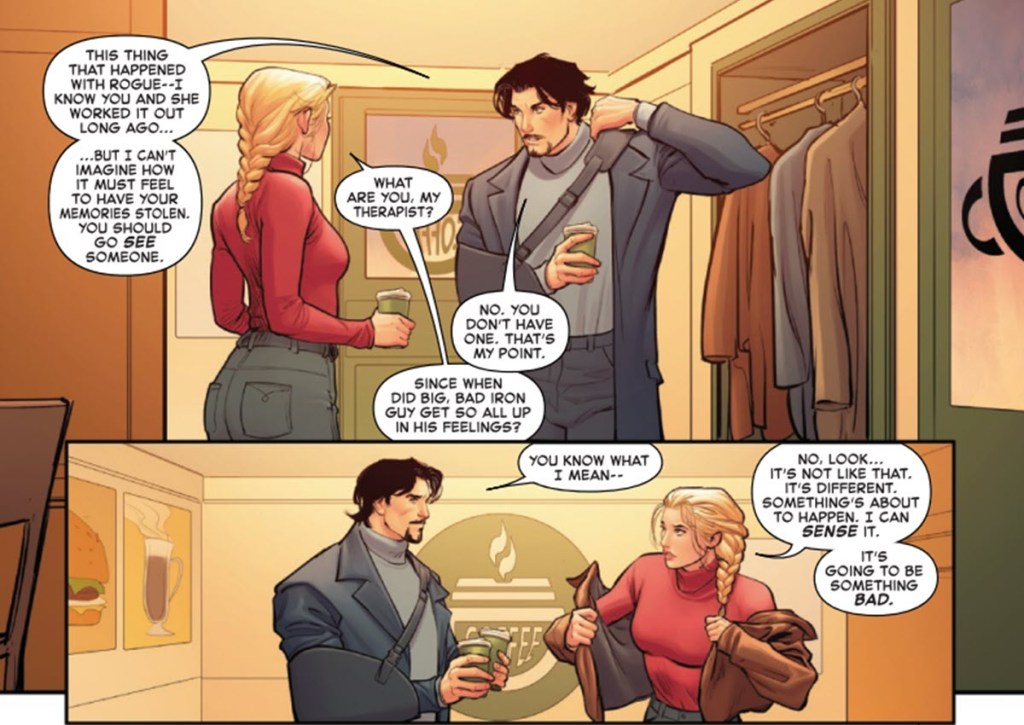 Carol Danvers and Tony Stark talk about her visions in Captain Marvel Dark Past #1