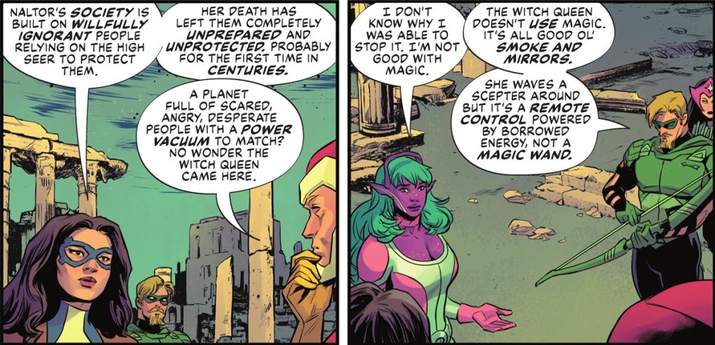 Green Arrow explains revamp Witch Queen's power in Justice League Intergalactic #1