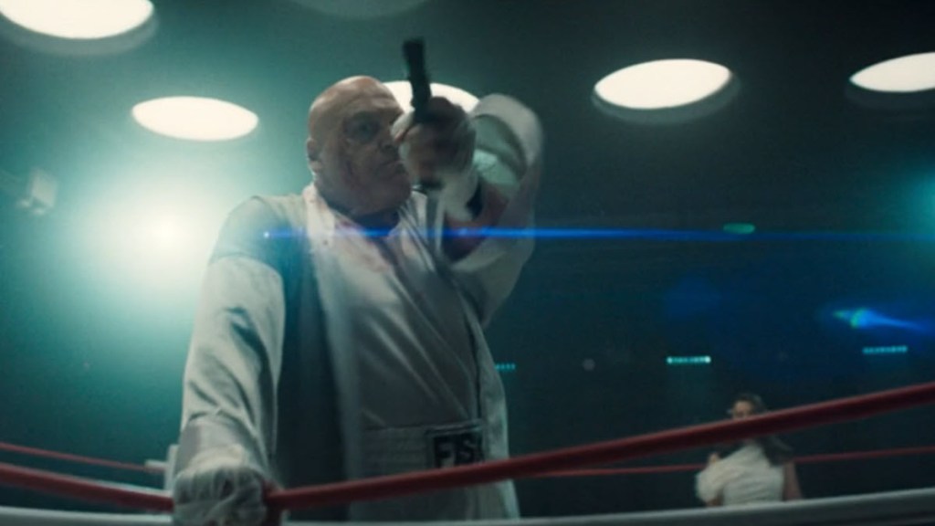 Kingpin with gun in boxing ring defending his wife in Daredevil Born Again Season 2