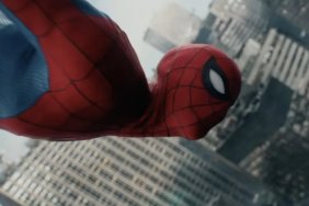 Tom Holland flying down as Spider-Man.
