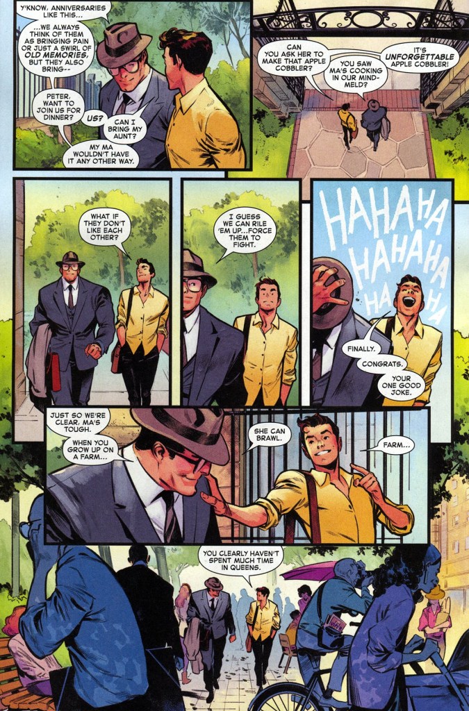Spider-Man and Superman discuss an Aunt May Ma Kent fight