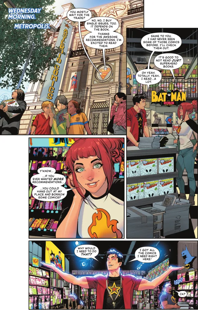Superboy Prime fails to notice fangirl flirting with him in Superman #37