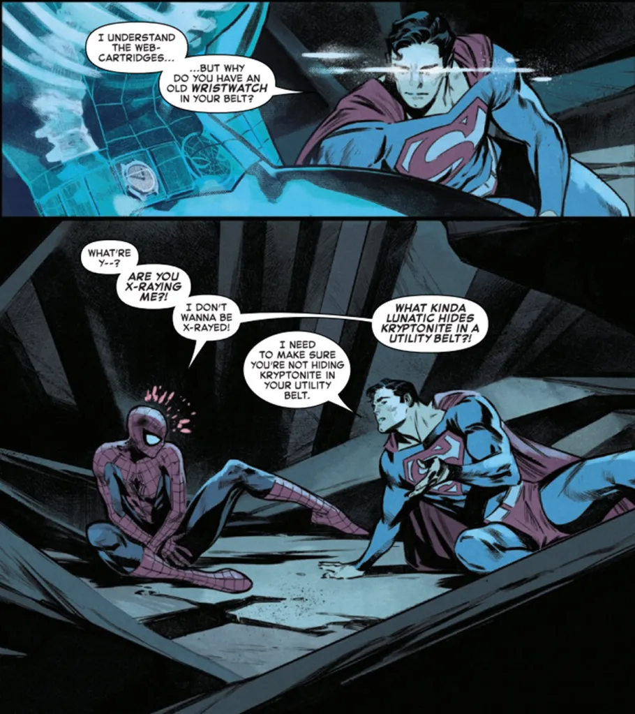 Superman and Spider-Man trapped in a cave in Spider-Man Superman #1