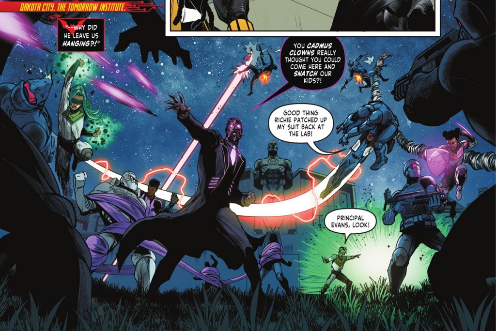 Ebon fights to defend Tomorrow Institute from Cadmus in Batman Static Beyond #6