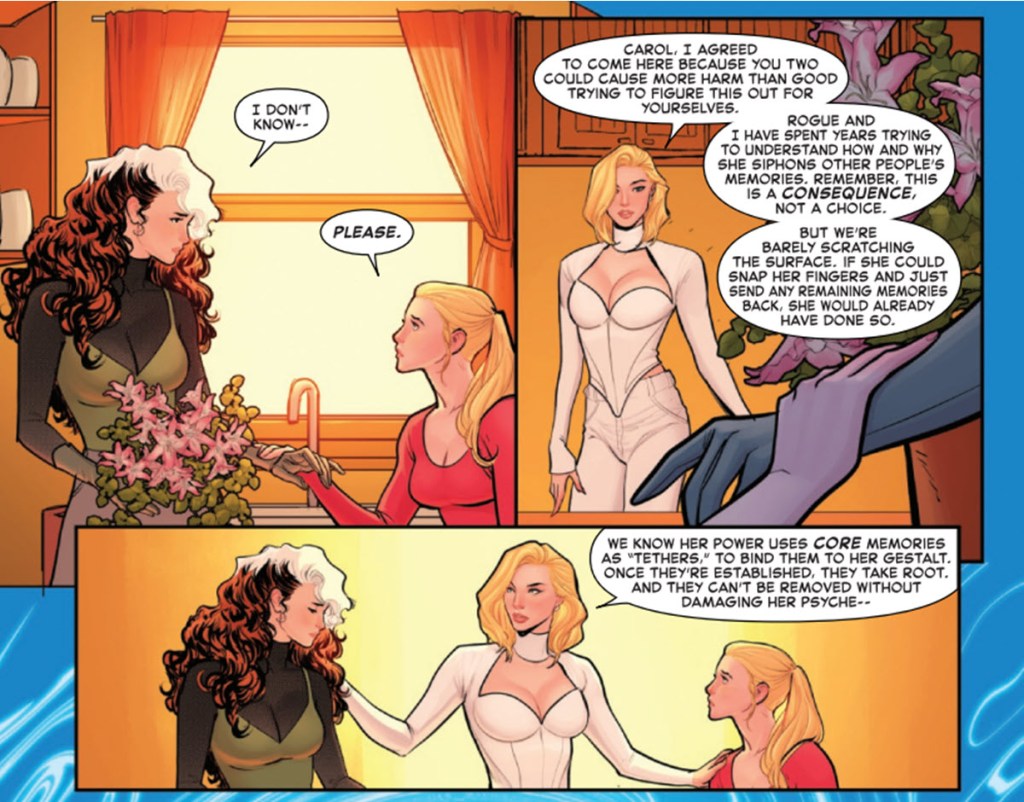 Emma Frost explains Rogue's memory power to Captain Marvel