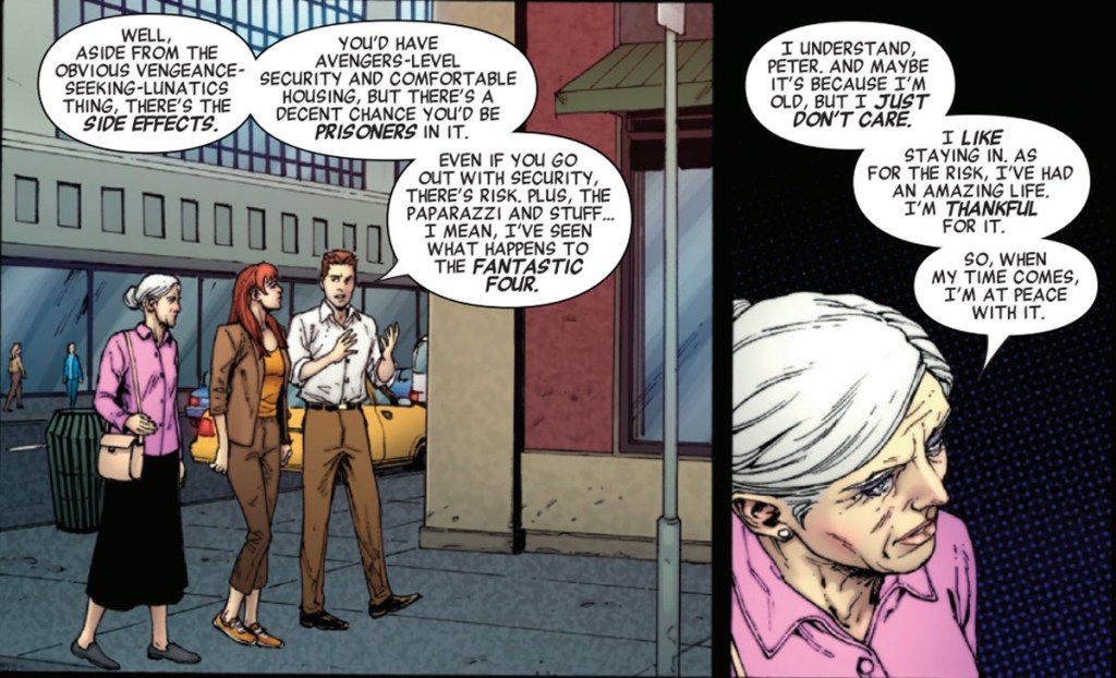 Aunt May talks with Peter Parker about revealing his secret idenity to the world in Civl War Unmasked #2