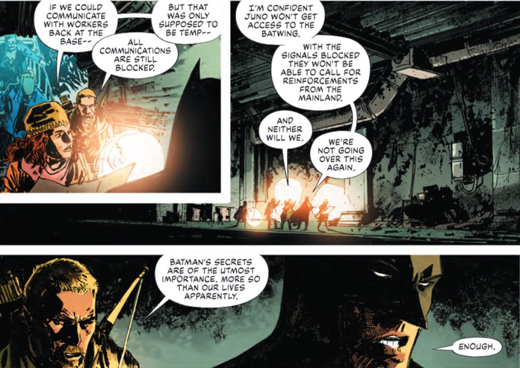 Heroes discuss jammed communications in Batman Green Arrow The Question Arcadia #4