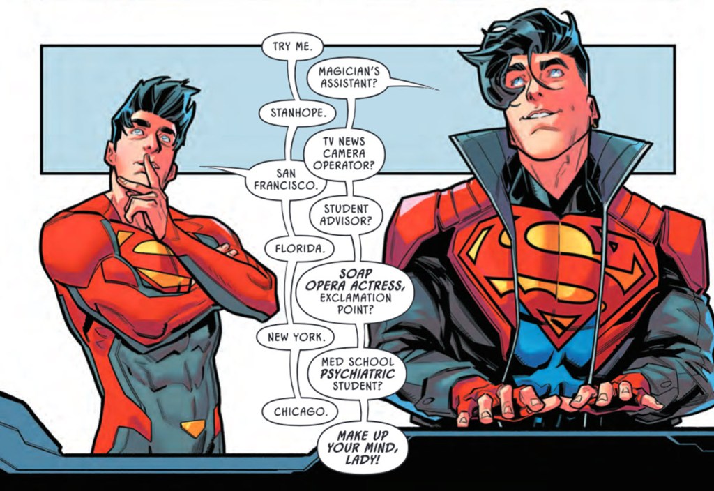 Superboy and Superboy discuss the many jobs of Supergirl