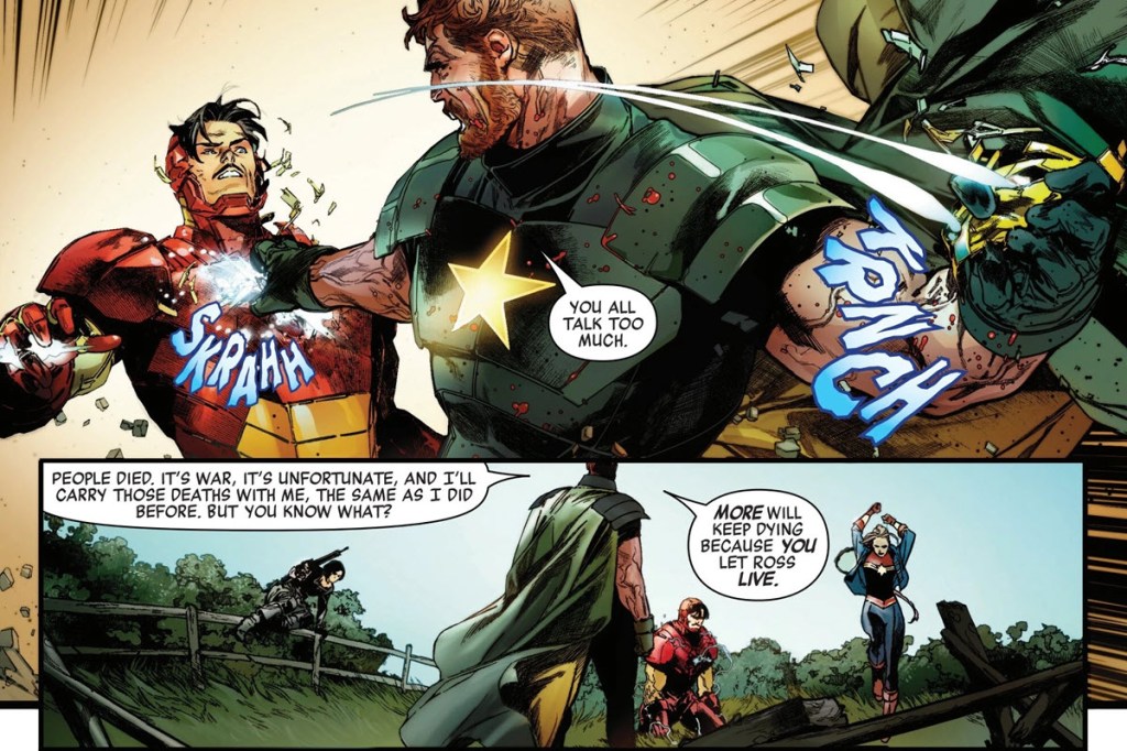 David Colton confronts Iron Man and Captain Marvel in Avengers Armageddon #2