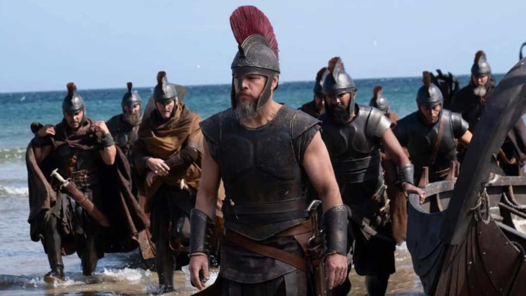 Matt Damon storms the beach in The Odyssey.