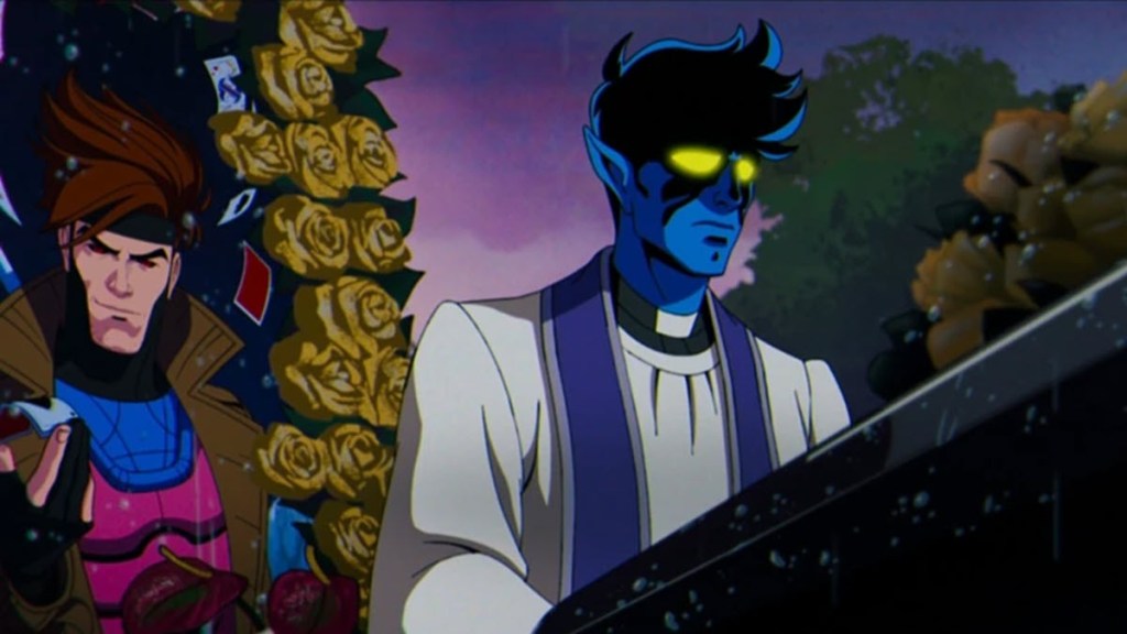 Nightcrawler in Priest Robe and Collar at Gambit's Funeral in X-Men '97 Season 1