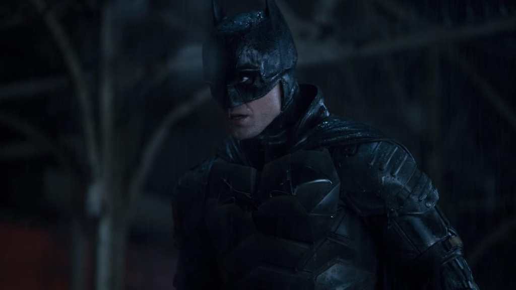 Robert Pattinson stares as The Batman.