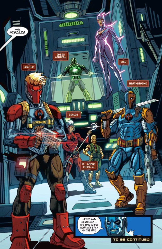 Panel from Superman: Father of Tomorrow #3 shows the new WildCATs including a newly designed Green Lantern