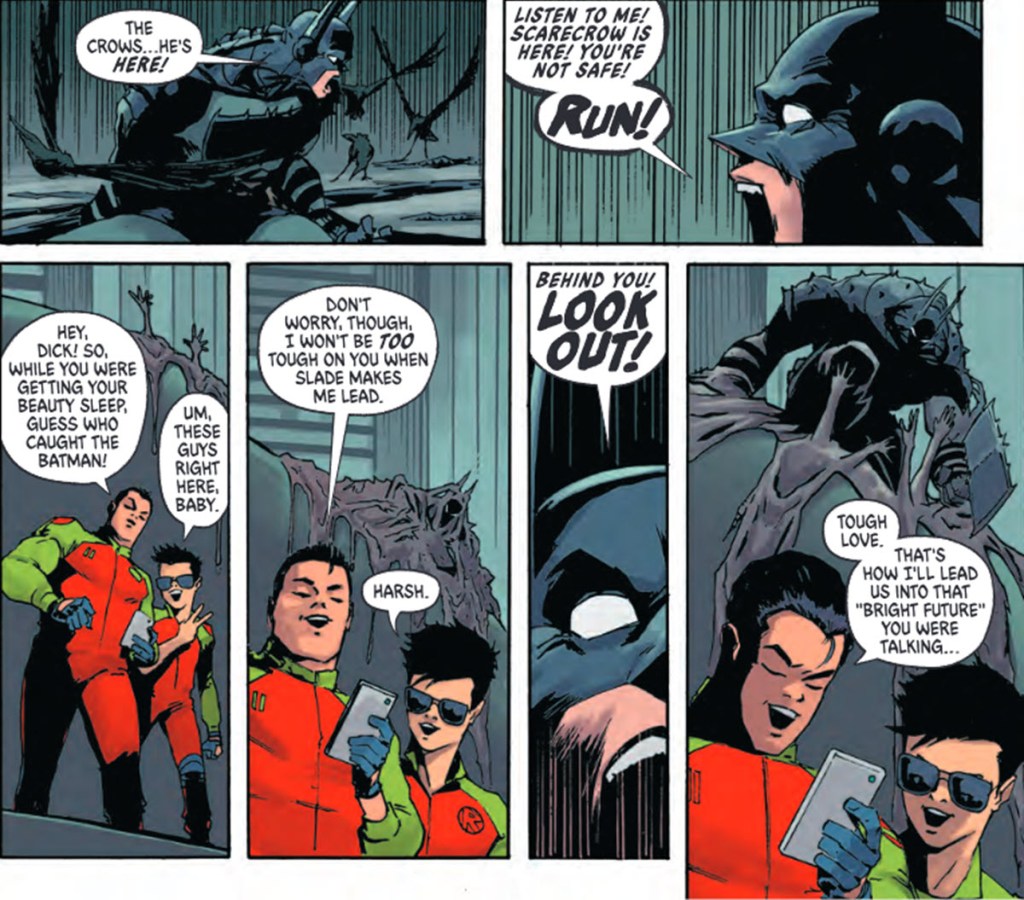 Absolute Clayface jumps Robin-2 Jason Todd and Robin-3 Tim Drake in Absolute Batman #23
