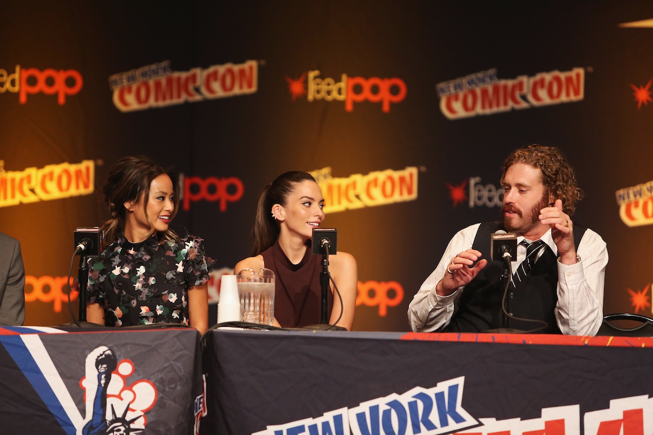 NEW YORK, NY - OCTOBER 09: (L-R) Actors Jamie Chung, Genesis Rodriguez, and T.J. Miller attend Walt Disney Studios' 2014 New York Comic Con presentation of "Big Hero 6" at the Javits Convention Center on Thursday October 9, 2014 in New York City.  (Photo by Jason Carter Rinaldi/Getty Images for Disney) *** Local Caption *** Jamie Chung;Genesis Rodriguez;TJ Miller