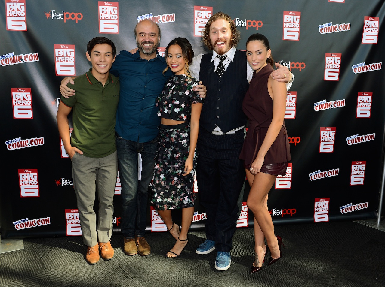 NEW YORK, NY - OCTOBER 09:  (L-R) Actors Ryan Potter, Scott Adsit, Jamie Chung, TJ Miller, and Genesis Rodriguez attend Walt Disney Studios' 2014 New York Comic Con presentations of "Big Hero 6" and "Tomorrowland" at the Javits Convention Center on Thursday October 9, 2014 in New York City.  (Photo by Stephen Lovekin/Getty Images for Disney) *** Local Caption *** Ryan Potter;Scott Adsit;Jamie Chung;TJ Miller;Genesis Rodriguez