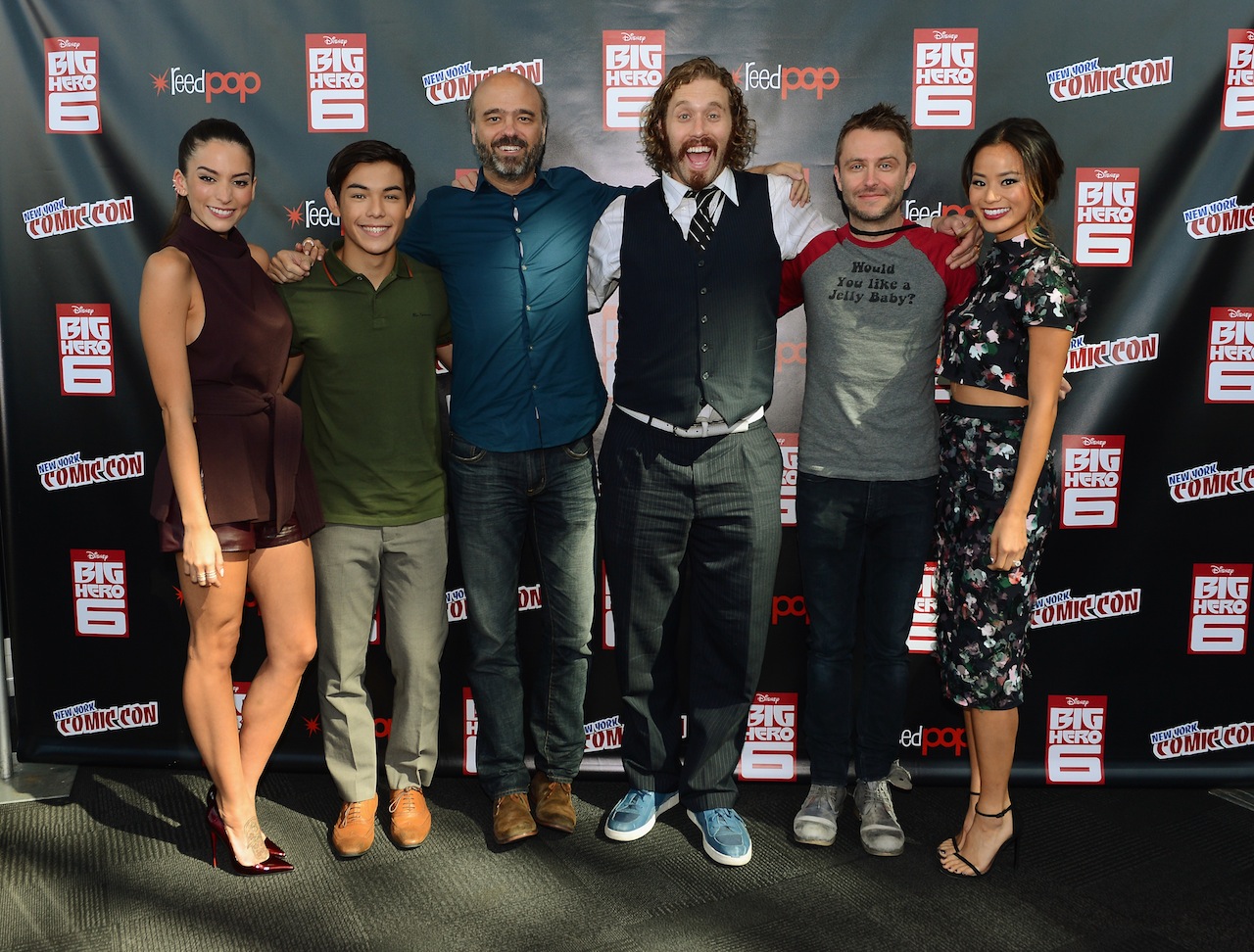 NEW YORK, NY - OCTOBER 09:  (L-R) Actors Genesis Rodriguez, Ryan Potter, Scott Adsit, and T.J. Miller, panel host Chris Hardwick, and actress Jamie Chung attend Walt Disney Studios' 2014 New York Comic Con presentations of "Big Hero 6" and "Tomorrowland" at the Javits Convention Center on Thursday October 9, 2014 in New York City.  (Photo by Stephen Lovekin/Getty Images for Disney) *** Local Caption *** Genesis Rodriguez;Ryan Potter;Scott Adsit;T.J. Miller;Chris Hardwick;Jamie Chung
