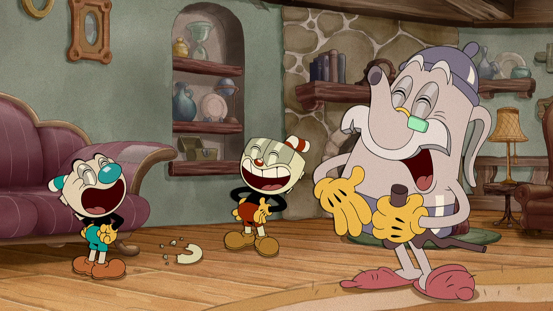 The Cuphead Show! (L to R) Frank Todaro as Mugman, Tru Valentino as Cuphead and Joe Hanna as Elder Kettle in The Cuphead Show! Cr. COURTESY OF NETFLIX © 2022