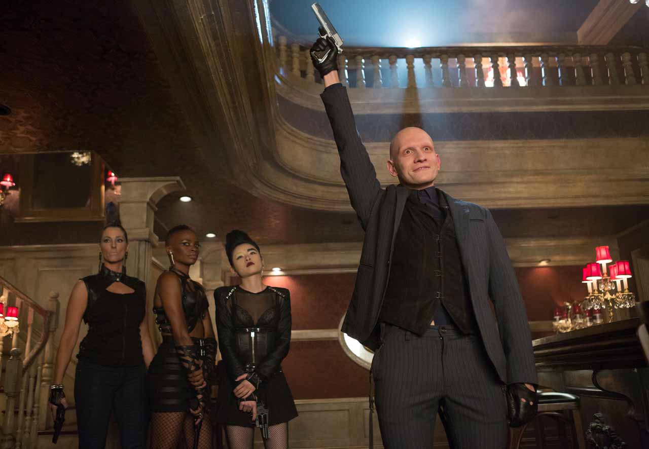 GOTHAM: Victor Zsasz (guest star Anthony Carrigan, R) pays a visit to Fish Mooney's night-club in the "Welcome Back, Jim Gordon" episode of GOTHAM airing Monday, Jan. 26 (8:00-9:00 PM ET/PT) on FOX. Â©2015 Fox Broadcasting Co. Cr: Jessica Miglio/FOX