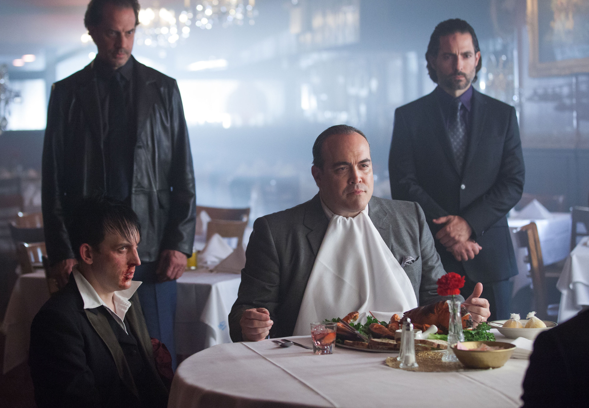 GOTHAM: Maroni (guest star David Zayas, C) tests the loyalty of Oswald Cobblepot (Robin Lord Taylor, L) in the "Viper" episode of GOTHAM airing Monday, Oct. 20 (8:00-9:00 PM ET/PT) on FOX. Â©2014 Fox Broadcasting Co. Cr: Jessica Miglio/FOX