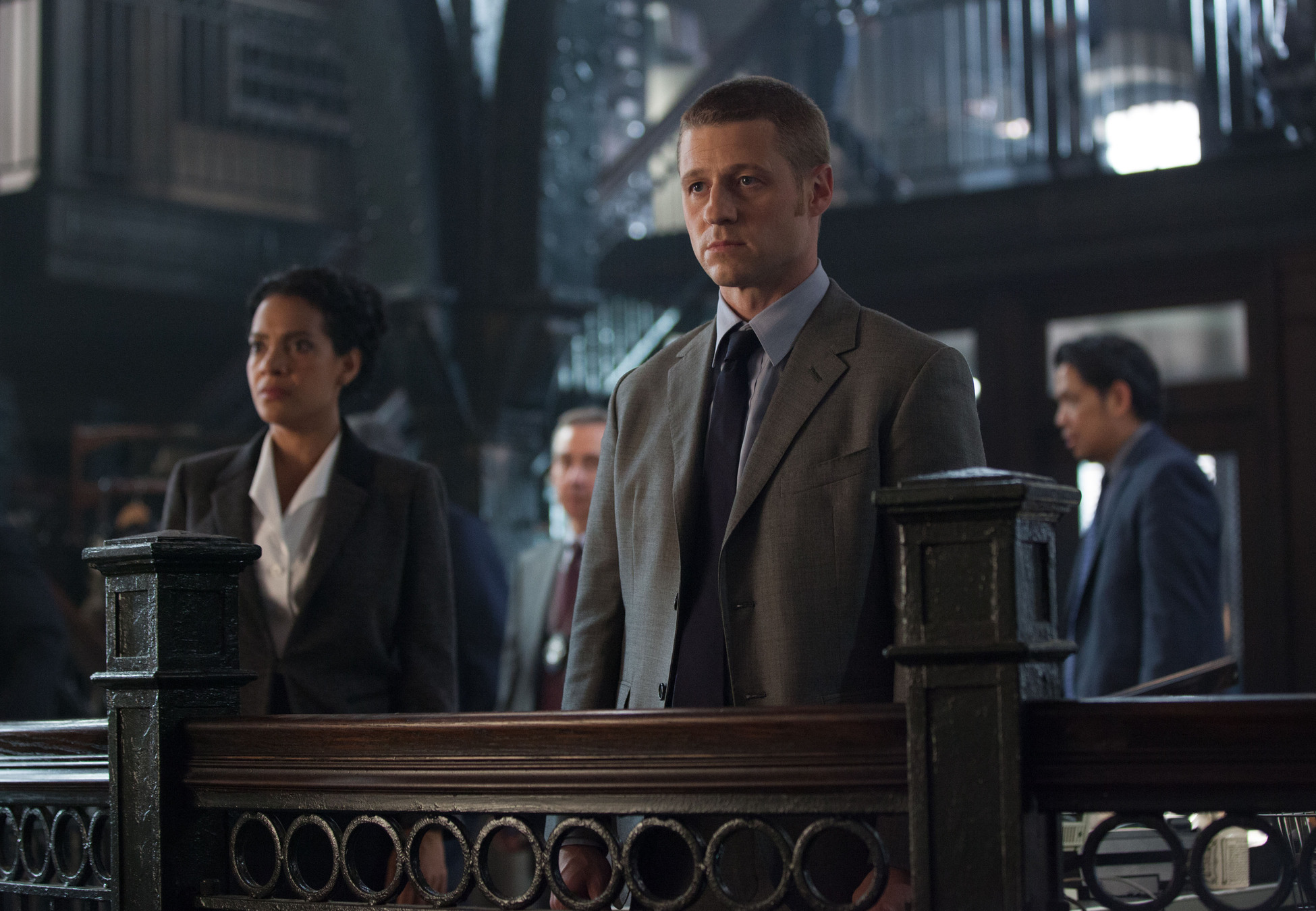 GOTHAM: An unwelcome visitor searches for Detective James Gordon (Ben McKenzie, R) at the GCPD in the "Penguin's Umbrella" episode of GOTHAM airing Monday, Nov. 3 (8:00-9:00 PM ET/PT) on FOX. Also pictured: Zabryna Guevara. Â©2014 Fox Broadcasting Co. Cr: Jessica Miglio/FOX
