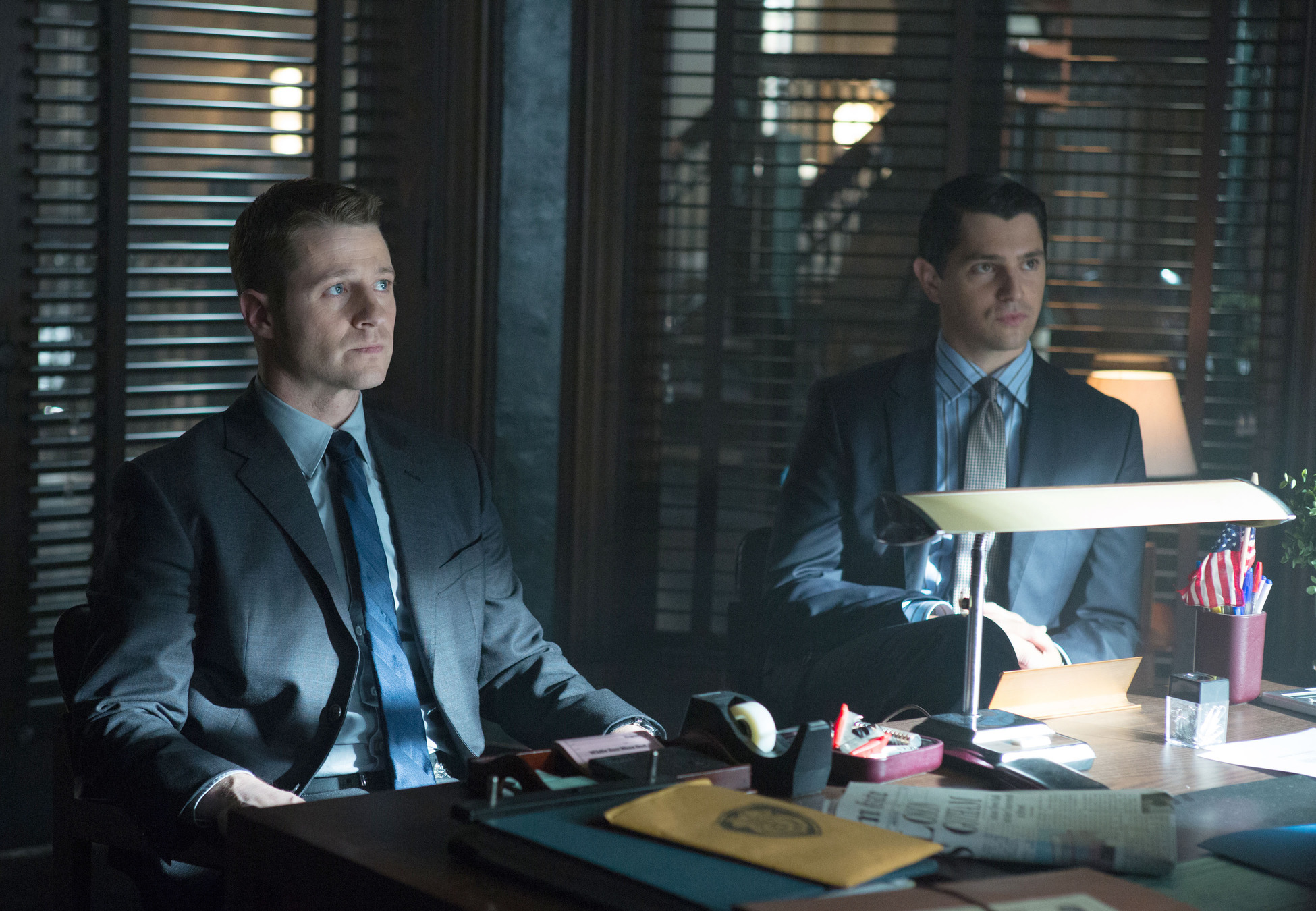 GOTHAM: Detective James Gordon (Ben McKenzie, L) and Harvey Dent (guest star Nicholas D'Agosto, R) are reprimanded by the Mayor in the "Lovecraft" episode of GOTHAM airing Monday, Nov. 24 (8:00-9:00 PM ET/PT) on FOX. Â©2014 Fox Broadcasting Co. Cr: Jessica Miglio/FOX