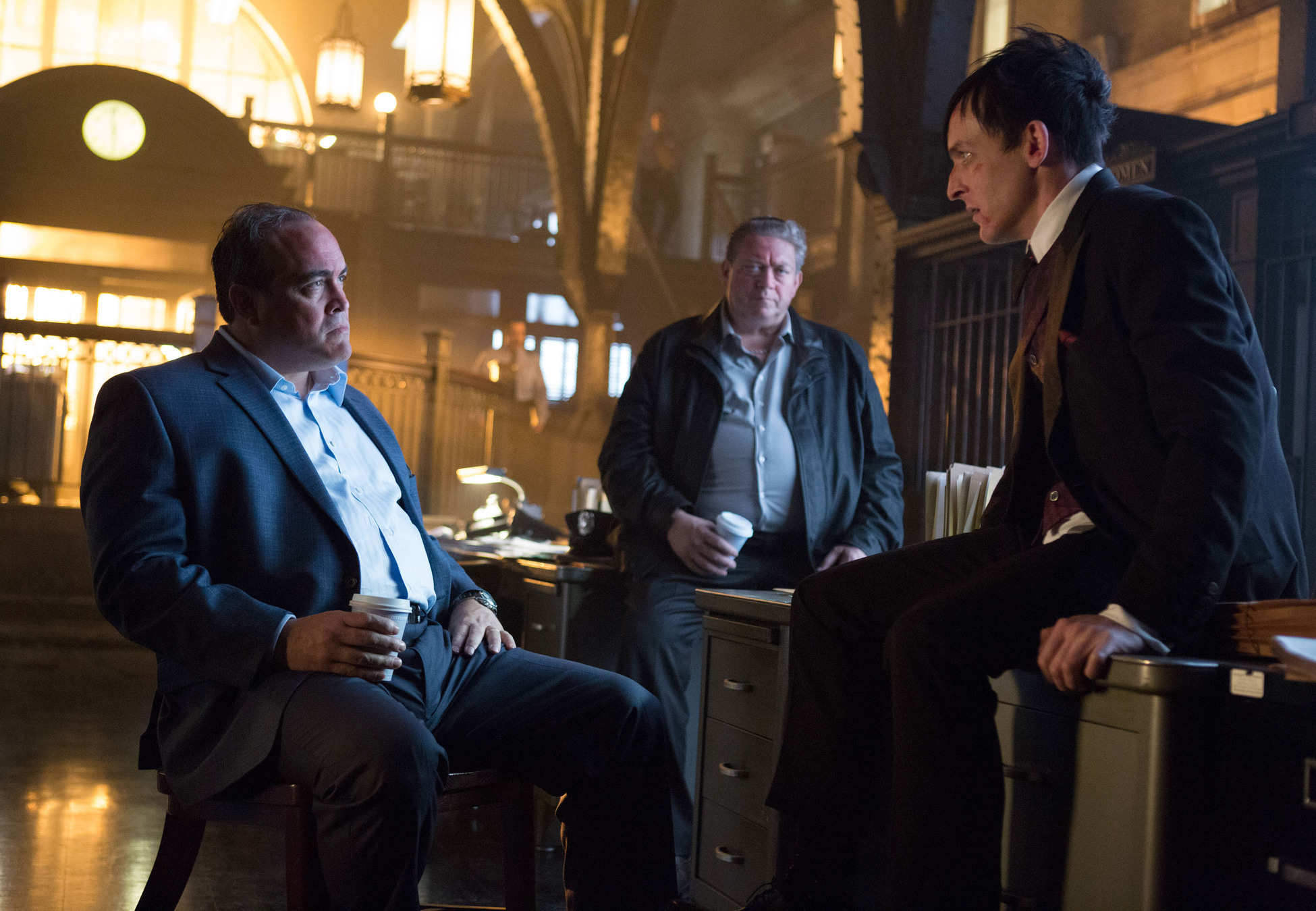GOTHAM: Sal Maroni (guest star David Zayas, L) questions Oswald Cobblepot (Robin Lord Taylor, R) about his suspicious behavior in the "What The Little Bird Told Him" episode of GOTHAM airing Monday, Jan. 19 (8:00-9:00 PM ET/PT) on FOX. Â©2014 Fox Broadcasting Co. Cr: Jessica Miglio/FOX