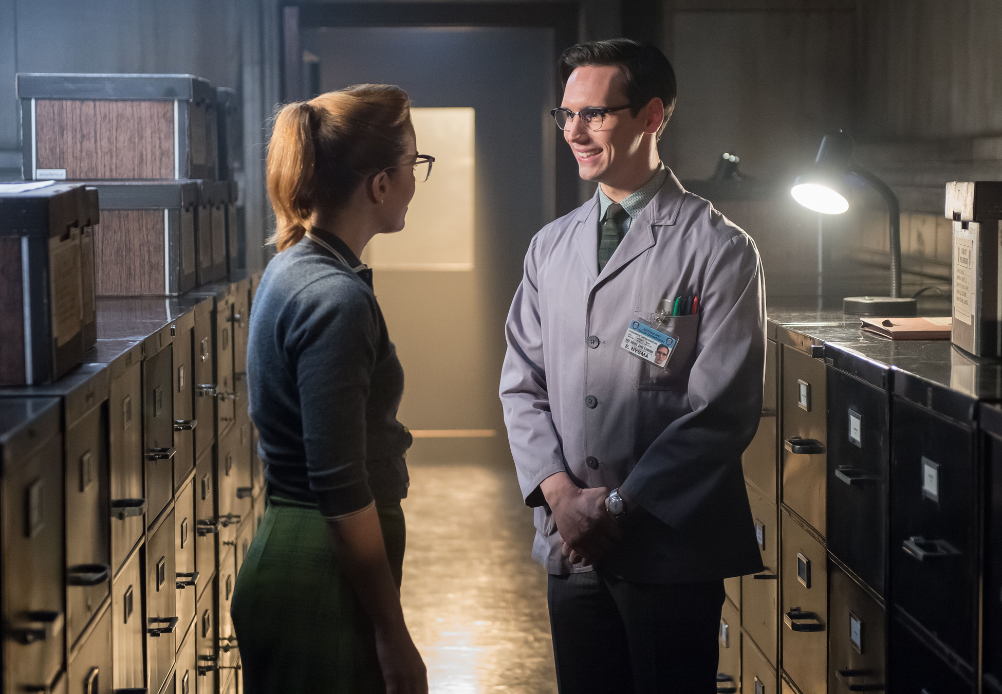 GOTHAM: Edward Nygma (Cory Michael Smith, R) flirts with co-worker Kristin Kringle (guest star Chelsea Spack, L) in the "What The Little Bird Told Him" episode of GOTHAM airing Monday, Jan. 19 (8:00-9:00 PM ET/PT) on FOX. Â©2014 Fox Broadcasting Co. Cr: Jeff Neumann/FOX