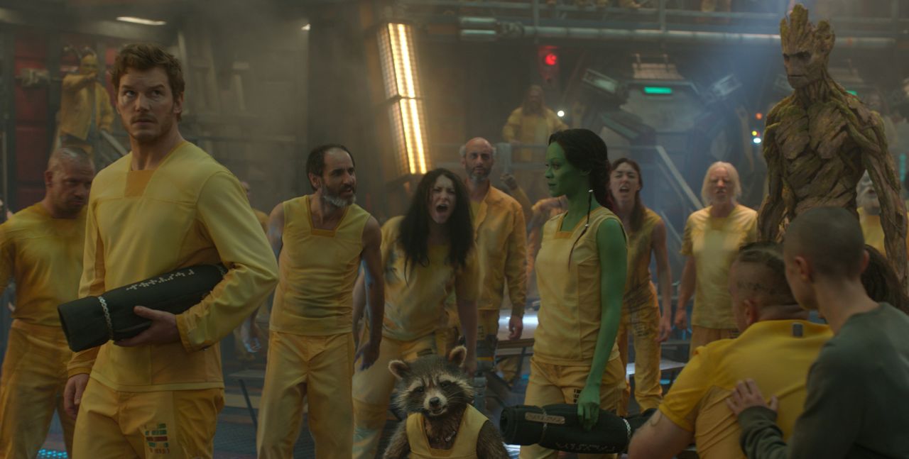 Marvel's Guardians Of The Galaxy

L to R: Star-Lord/Peter Quill (Chris Pratt), Groot (Voiced by Vin Diesel), Rocket Racoon (Voiced by Bradley Cooper), Drax the Destroyer (Dave Bautista) and Gamora (Zoe Saldana).  

Ph: Film Frame

Â©Marvel 2014