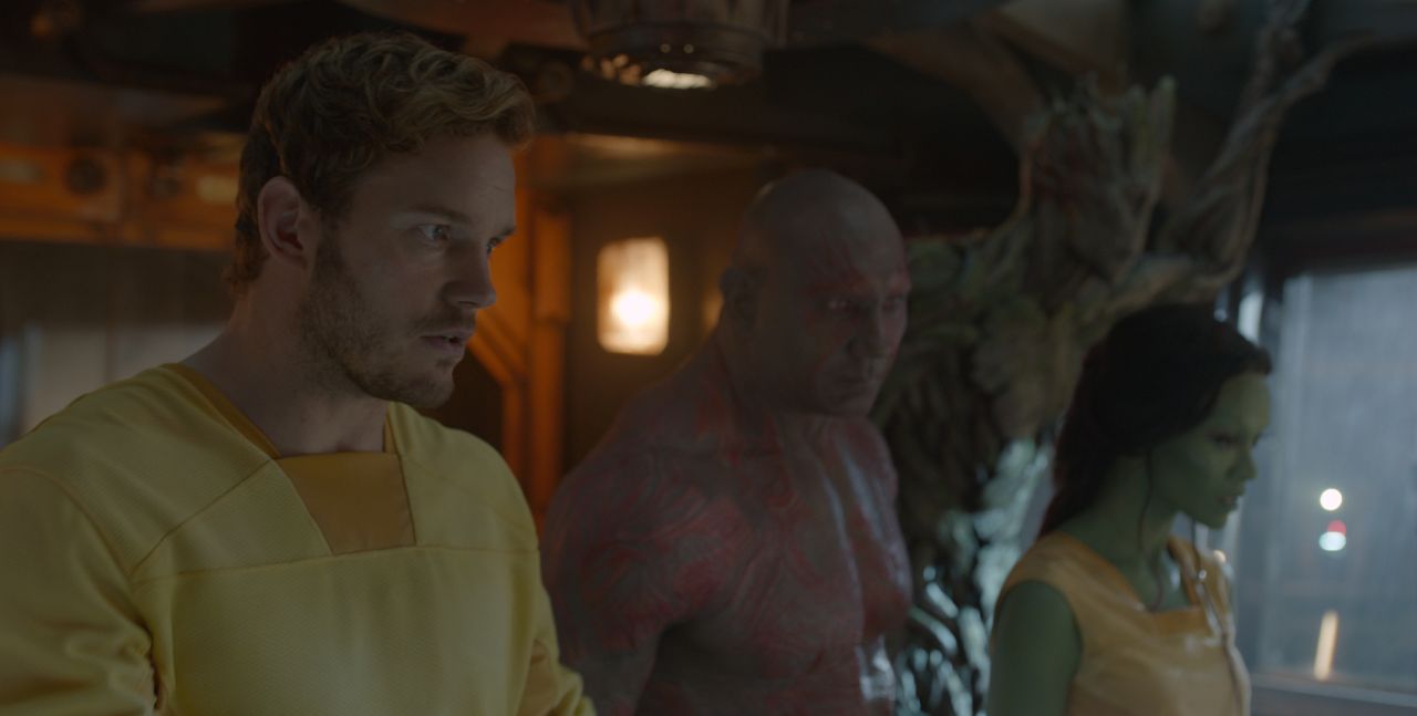 Marvel's Guardians Of The Galaxy

L to R: Star-Lord/Peter Quill (Chris Pratt), Drax the Destroyer (Dave Bautista), Groot (Voiced by Vin Diesel) and Gamora (Zoe Saldana).  

Ph: Film Frame

Â©Marvel 2014