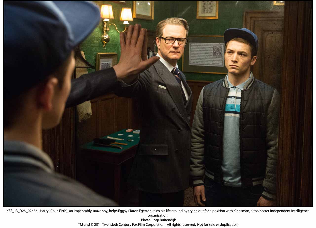 KSS_JB_D25_02636 - Harry (Colin Firth), an impeccably suave spy, helps Eggsy (Taron Egerton) turn his life around by trying out for a position with Kingsman, a top-secret independent intelligence organization.