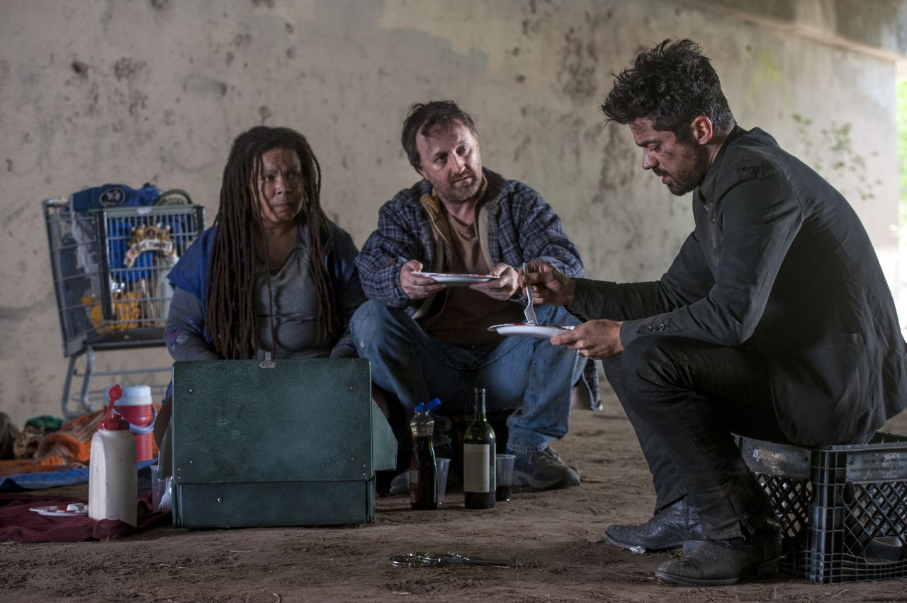 Dominic Cooper as Jesse Custer, Ramona King as Jackie, Richard Levi as NateÂ - Preacher _ Season 1, Episode 8 - Photo Credit: Lewis Jacobs/Sony Pictures Television/AMC