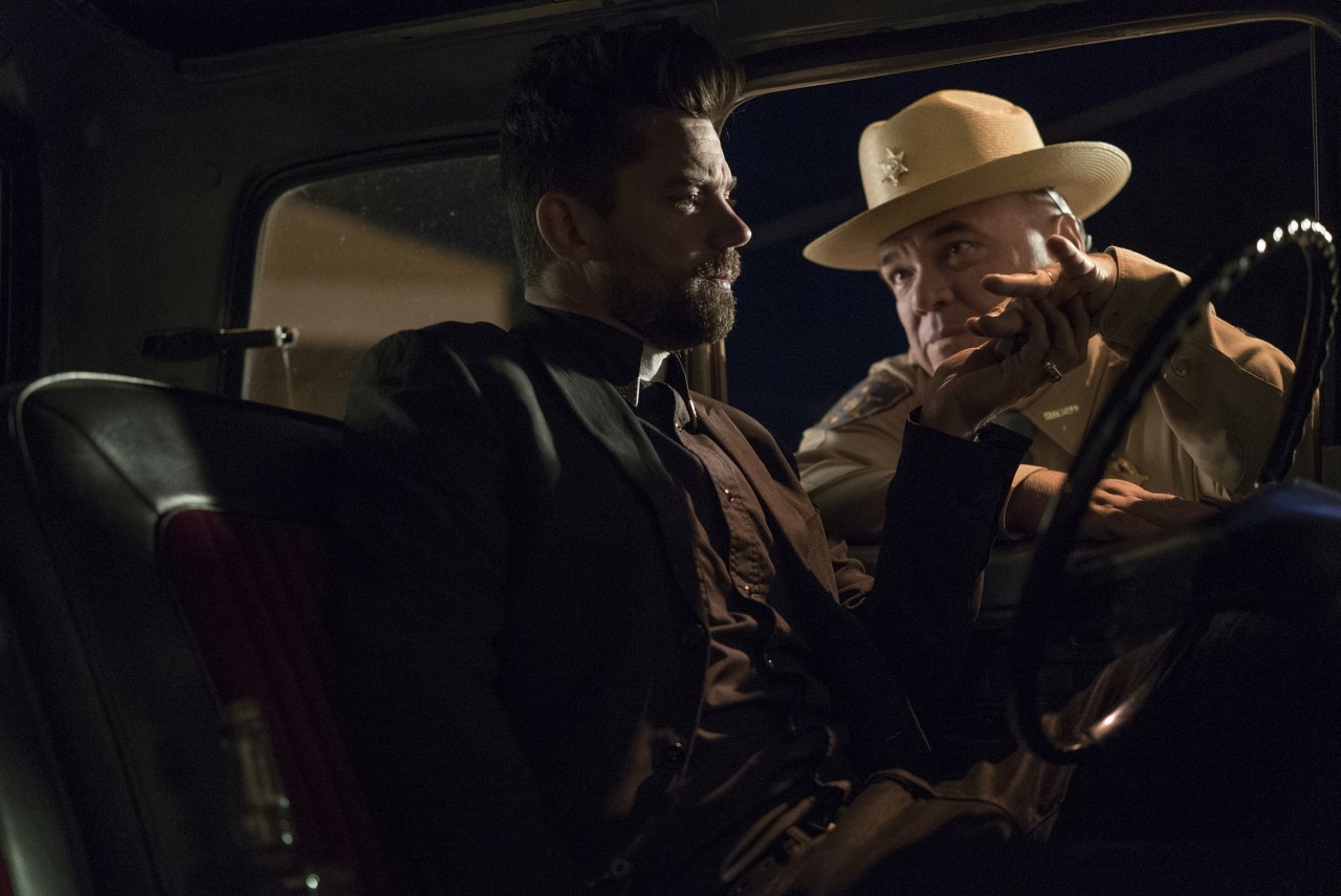 Dominic Cooper as Jesse Custer, W. Earl Brown as Hugo Root - Preacher _ Season 1, Pilot - Photo Credit: Lewis Jacobs/AMC