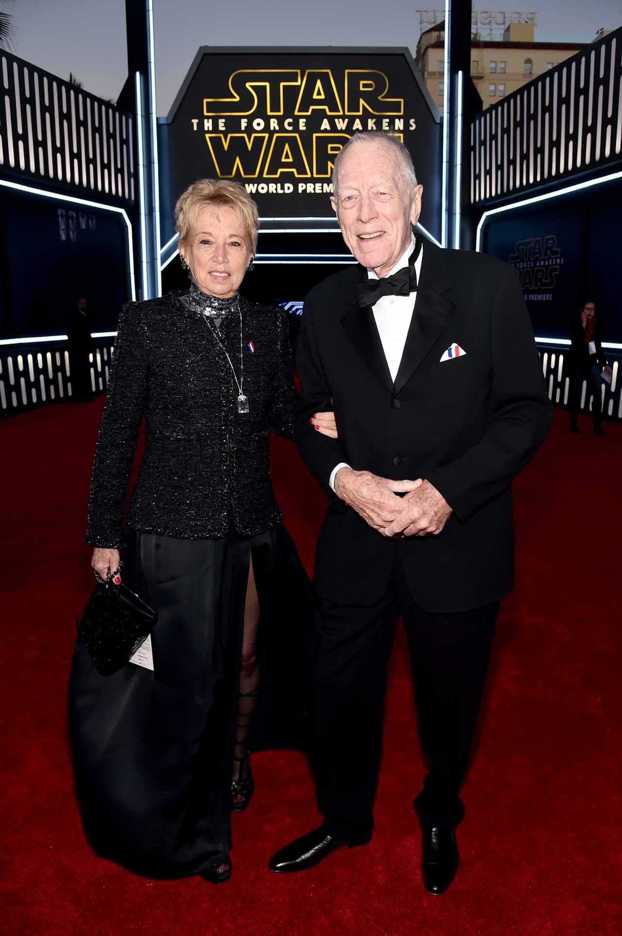 HOLLYWOOD, CA - DECEMBER 14:  Producer Catherine Brelet (L) and actor Max von Sydow attend the World Premiere of ?Star Wars: The Force Awakens? at the Dolby, El Capitan, and TCL Theatres on December 14, 2015 in Hollywood, California.  (Photo by Alberto E. Rodriguez/Getty Images for Disney) *** Local Caption *** Max von Sydow;Catherine Brelet
