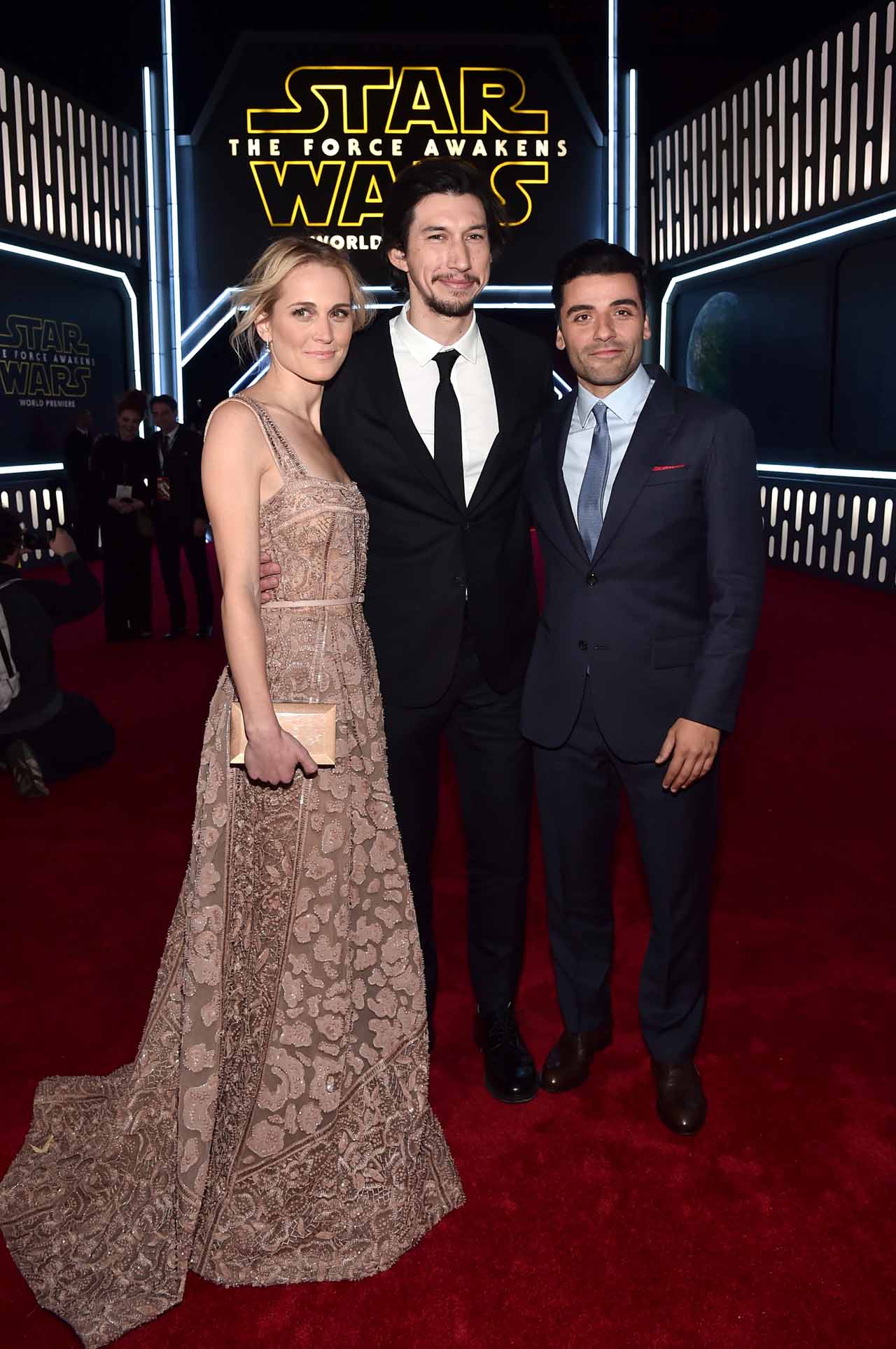 HOLLYWOOD, CA - DECEMBER 14: (L-R) Actors Joanne Tucker, Adam Driver and Oscar Isaac attend the World Premiere of ?Star Wars: The Force Awakens? at the Dolby, El Capitan, and TCL Theatres on December 14, 2015 in Hollywood, California.  (Photo by Alberto E. Rodriguez/Getty Images for Disney) *** Local Caption *** Adam Driver;Joanne Tucker;Oscar Isaac