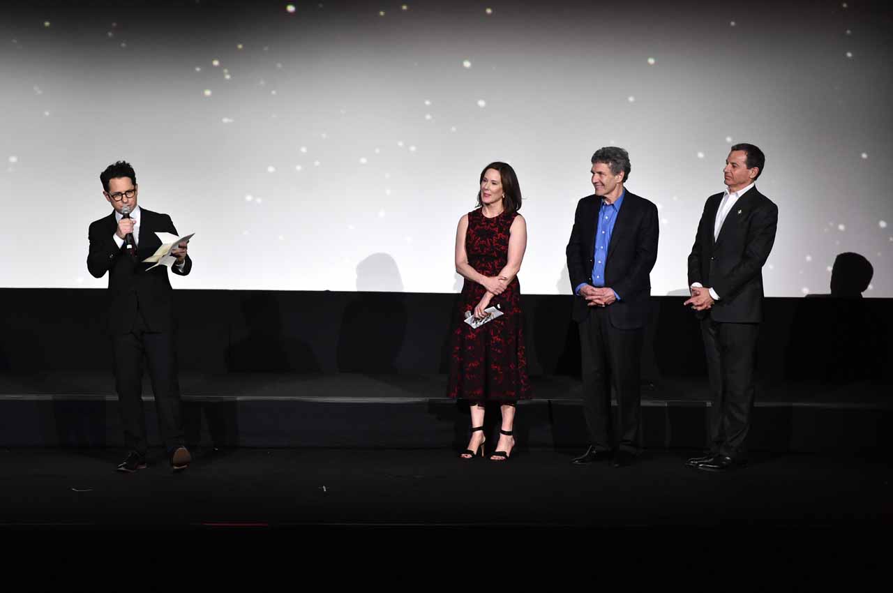 HOLLYWOOD, CA - DECEMBER 14:  (L-R) Director J.J. Abrams, producer Kathleen Kennedy, chairman, The Walt Disney Studios, Alan Horn and Chairman and CEO, The Walt Disney Company, Bob Iger speak onstage during the World Premiere of ?Star Wars: The Force Awakens? at the Dolby, El Capitan, and TCL Theatres on December 14, 2015 in Hollywood, California.  (Photo by Alberto E. Rodriguez/Getty Images for Disney) *** Local Caption *** J.J. Abrams;Kathleen Kennedy;Alan Horn;Bob Iger