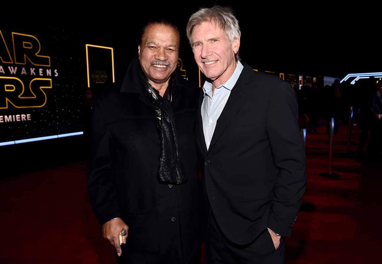 HOLLYWOOD, CA - DECEMBER 14:  Actors Billy Dee Williams (L) and Harrison Ford attend the World Premiere of ?Star Wars: The Force Awakens? at the Dolby, El Capitan, and TCL Theatres on December 14, 2015 in Hollywood, California.  (Photo by Alberto E. Rodriguez/Getty Images for Disney) *** Local Caption *** Billy Dee Williams;Harrison Ford