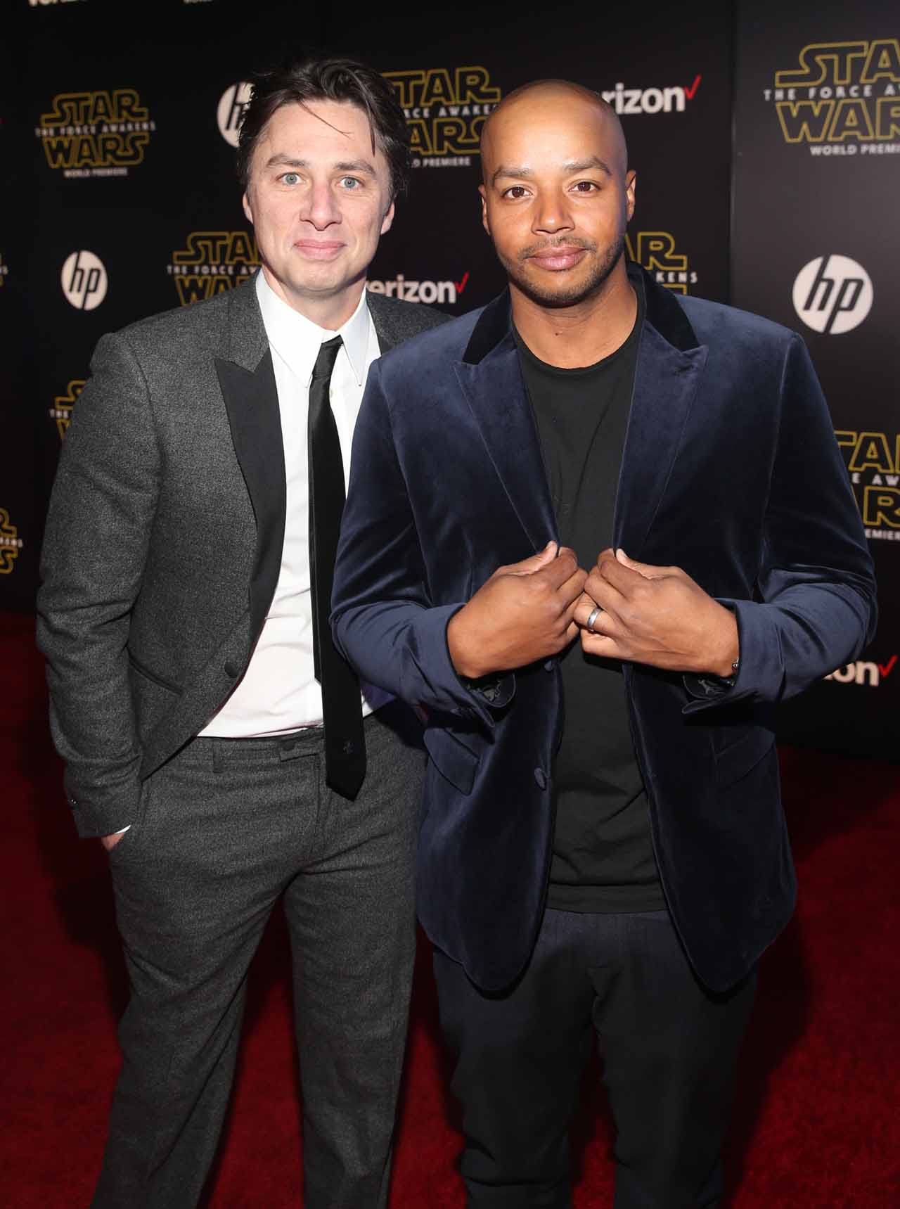 HOLLYWOOD, CA - DECEMBER 14:  Actors Zach Braff (L) and Donald Faison attend the World Premiere of ?Star Wars: The Force Awakens? at the Dolby, El Capitan, and TCL Theatres on December 14, 2015 in Hollywood, California.  (Photo by Jesse Grant/Getty Images for Disney) *** Local Caption *** Zach Braff;Donald Faison