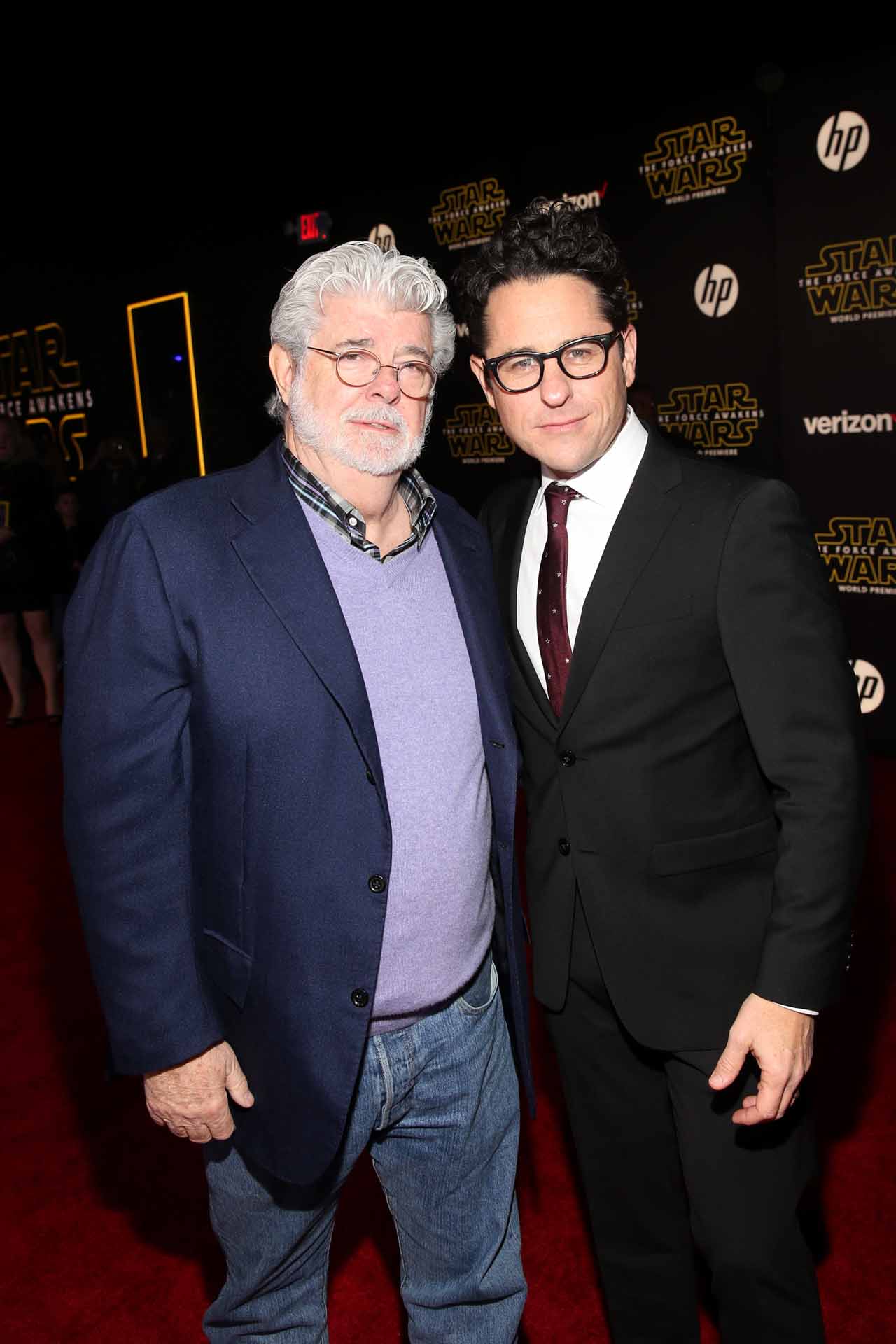 HOLLYWOOD, CA - DECEMBER 14:  Directors George Lucas (L) and J.J. Abrams attend the World Premiere of ?Star Wars: The Force Awakens? at the Dolby, El Capitan, and TCL Theatres on December 14, 2015 in Hollywood, California.  (Photo by Jesse Grant/Getty Images for Disney) *** Local Caption *** J.J. Abrams;George Lucas