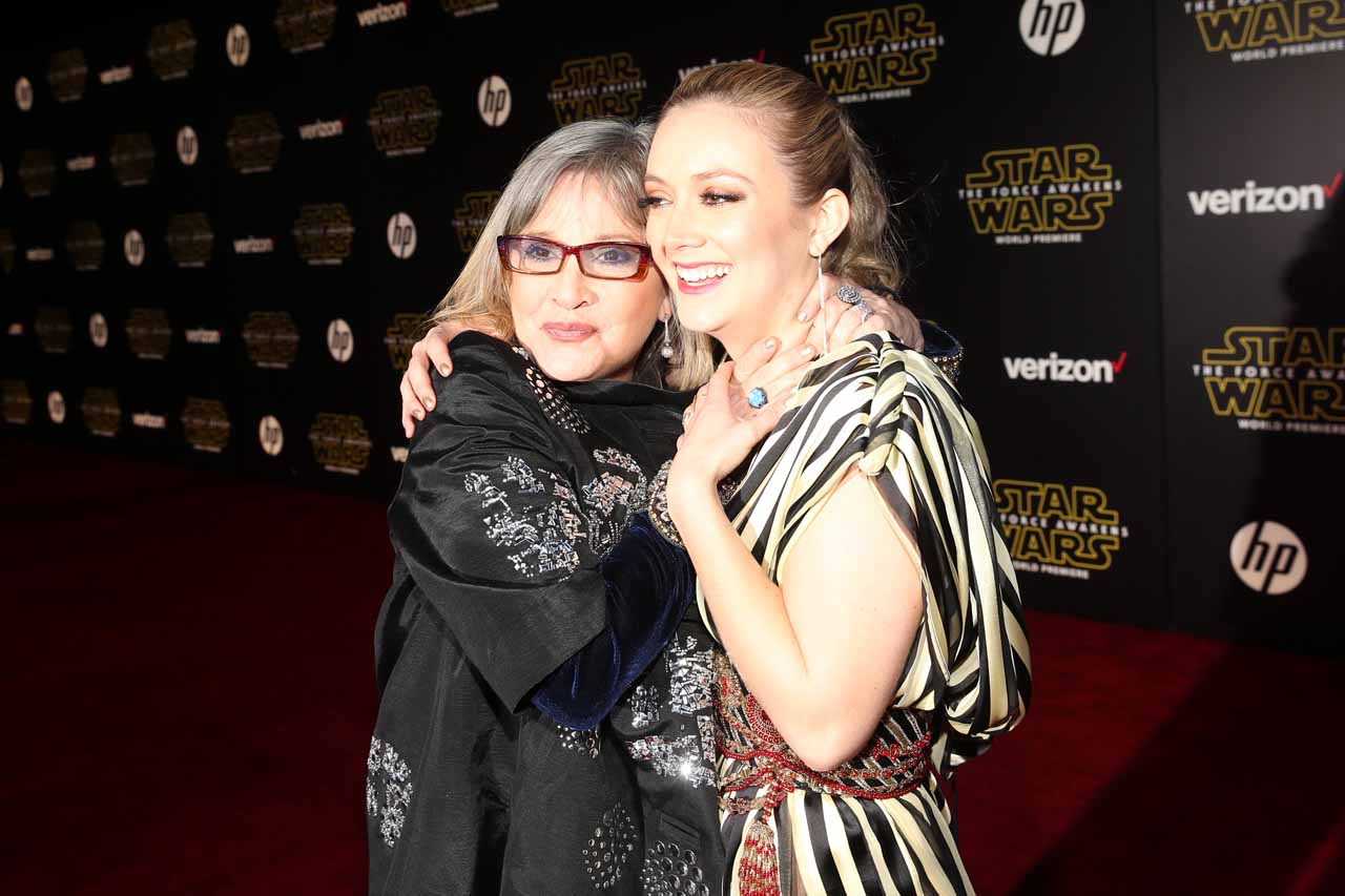 HOLLYWOOD, CA - DECEMBER 14: Actors Carrie Fisher (L) and Billie Lourd attend the World Premiere of ?Star Wars: The Force Awakens? at the Dolby, El Capitan, and TCL Theatres on December 14, 2015 in Hollywood, California.  (Photo by Jesse Grant/Getty Images for Disney) *** Local Caption *** Carrie Fisher;Billie Lourd