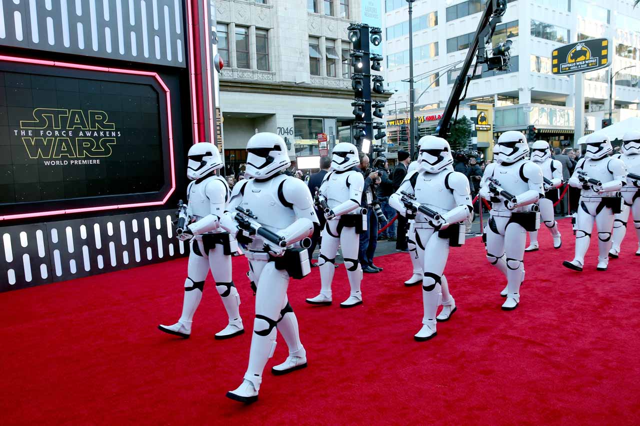 HOLLYWOOD, CA - DECEMBER 14:  Stormtroopers attend the World Premiere of ?Star Wars: The Force Awakens? at the Dolby, El Capitan, and TCL Theatres on December 14, 2015 in Hollywood, California.  (Photo by Jesse Grant/Getty Images for Disney)