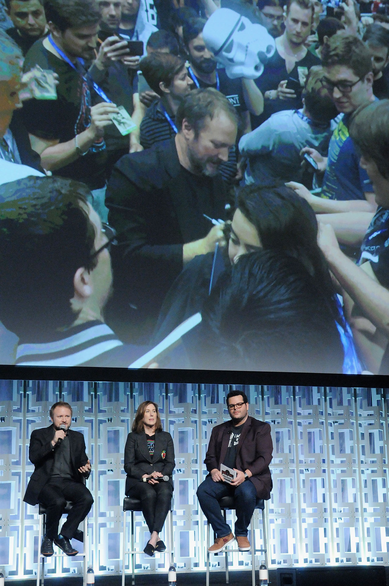 ORLANDO, FL - APRIL 14:  Rian Johnson, Kathleen Kennedy and Josh Gad attend the STAR WARS: THE LAST JEDI PANEL during the 2017 STAR WARS CELEBRATION at Orange County Convention Center on April 14, 2017 in Orlando, Florida.  (Photo by Gerardo Mora/Getty Images for Disney) *** Local Caption *** Rian Johnson;Kathleen Kennedy;Josh Gad