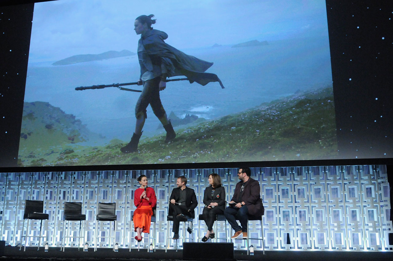 ORLANDO, FL - APRIL 14: Daisy Ridley, Rian Johnson, Kathleen Kennedy and Josh Gad attend the STAR WARS: THE LAST JEDI PANEL during the 2017 STAR WARS CELEBRATION at Orange County Convention Center on April 14, 2017 in Orlando, Florida.  (Photo by Gerardo Mora/Getty Images for Disney) *** Local Caption *** Daisy Ridley;Rian Johnson;Kathleen Kennedy;Josh Gad