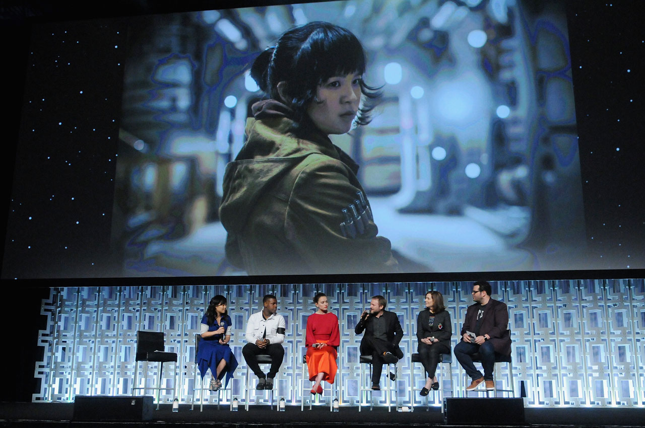 ORLANDO, FL - APRIL 14: Kelly Marie Tran, John Boyega, Daisy Ridley, Rian Johnson, Kathleen Kennedy and Josh Gad attend the STAR WARS: THE LAST JEDI PANEL during the 2017 STAR WARS CELEBRATION at Orange County Convention Center on April 14, 2017 in Orlando, Florida.  (Photo by Gerardo Mora/Getty Images for Disney) *** Local Caption *** Kelly Marie Tran, John Boyega;Daisy Ridley;Rian Johnson;Kathleen Kennedy;Josh Gad