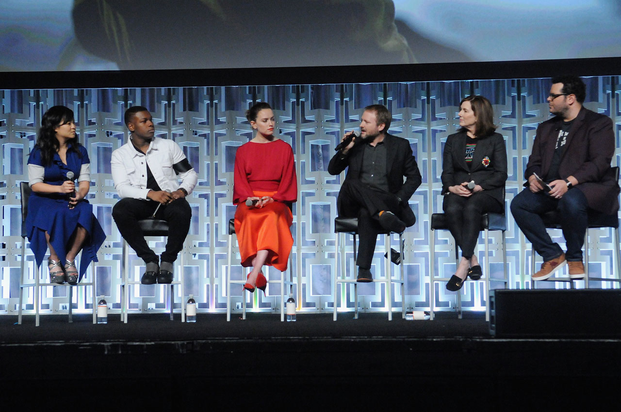 ORLANDO, FL - APRIL 14:  Kelly Marie Tran, John Boyega, Daisy Ridley, Rian Johnson, Kathleen Kennedy and Josh Gad attend the STAR WARS: THE LAST JEDI PANEL during the 2017 STAR WARS CELEBRATION at Orange County Convention Center on April 14, 2017 in Orlando, Florida.  (Photo by Gerardo Mora/Getty Images for Disney) *** Local Caption *** Kelly Marie Tran;John Boyega;Daisy Ridley;Rian Johnson;Kathleen Kennedy;Josh Gad