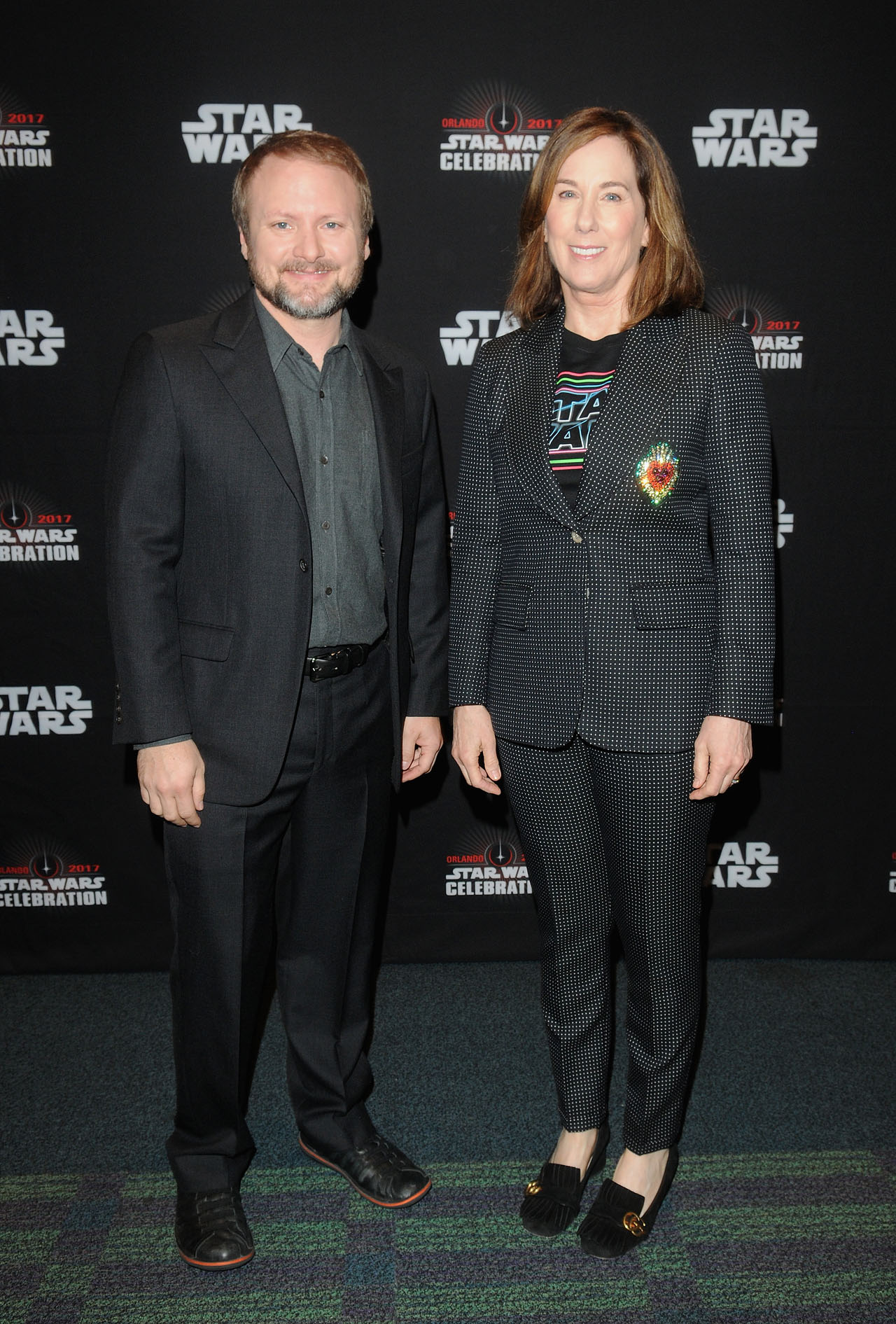 ORLANDO, FL - APRIL 14:  Rian Johnson and Kathleen Kennedy attend the STAR WARS: THE LAST JEDI PANEL during the 2017 STAR WARS CELEBRATION at Orange County Convention Center on April 14, 2017 in Orlando, Florida.  (Photo by Gerardo Mora/Getty Images for Disney) *** Local Caption *** Rian Johnson, Kathleen Kennedy