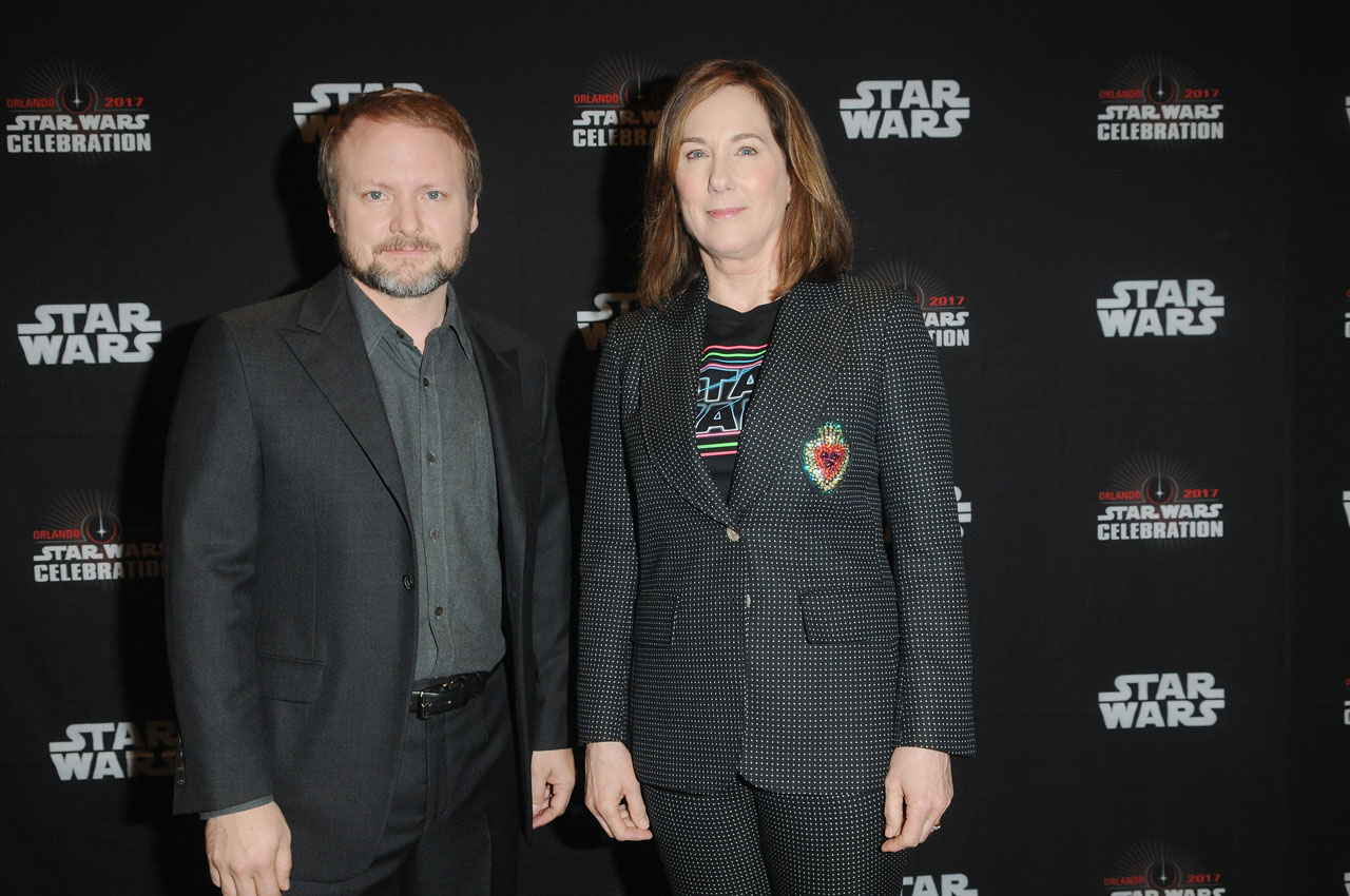 ORLANDO, FL - APRIL 14:  Rian Johnson and Kathleen Kennedy attend the STAR WARS: THE LAST JEDI PANEL during the 2017 STAR WARS CELEBRATION at Orange County Convention Center on April 14, 2017 in Orlando, Florida.  (Photo by Gerardo Mora/Getty Images for Disney) *** Local Caption *** Rian Johnson, Kathleen Kennedy
