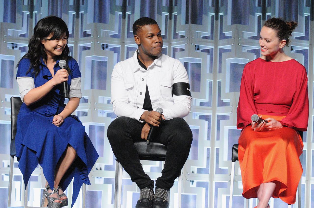 ORLANDO, FL - APRIL 14:  Kelly Marie Tran, John Boyega and Daisy Ridley attend the STAR WARS: THE LAST JEDI PANEL during the 2017 STAR WARS CELEBRATION at Orange County Convention Center on April 14, 2017 in Orlando, Florida.  (Photo by Gerardo Mora/Getty Images for Disney) *** Local Caption *** Kelly Marie Tran;John Boyega;Daisy Ridley