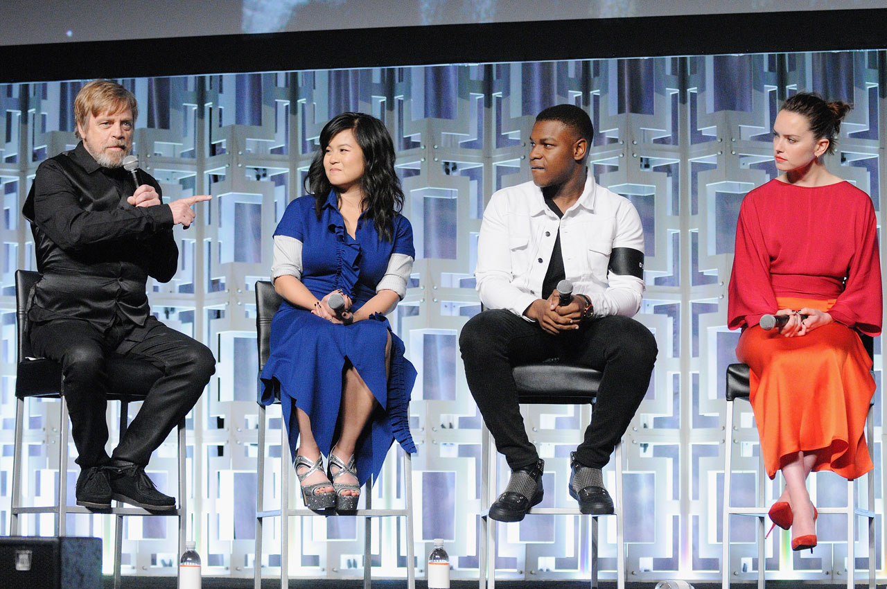 ORLANDO, FL - APRIL 14: Mark Hamill, Kelly Marie Tran, John Boyega and Daisy Ridley attend the STAR WARS: THE LAST JEDI PANEL during the 2017 STAR WARS CELEBRATION at Orange County Convention Center on April 14, 2017 in Orlando, Florida.  (Photo by Gerardo Mora/Getty Images for Disney) *** Local Caption *** Mark Hamill, Kelly Marie Tran;John Boyega;Daisy Ridley