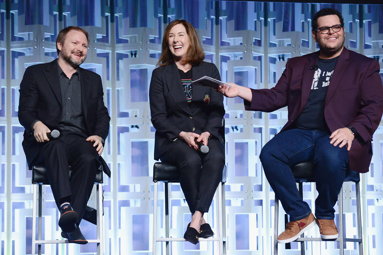 ORLANDO, FL - APRIL 14: Rian Johnson, Kathleen Kennedy and Josh Gad attend the STAR WARS: THE LAST JEDI PANEL during the 2017 STAR WARS CELEBRATION at Orange County Convention Center on April 14, 2017 in Orlando, Florida.  (Photo by Gerardo Mora/Getty Images for Disney) *** Local Caption *** Rian Johnson;Kathleen Kennedy;Josh Gad